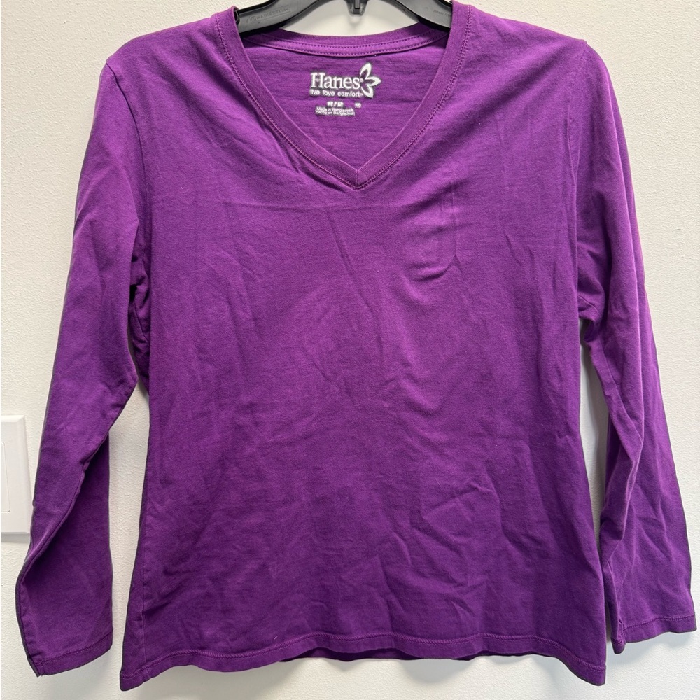 Hanes Women's V-Neck Long Sleeve Top in Purple